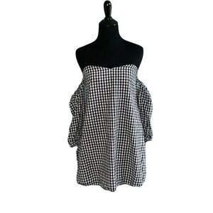 Honey Belle Black White Gingham Print Off Shoulders Top Blouse Size M